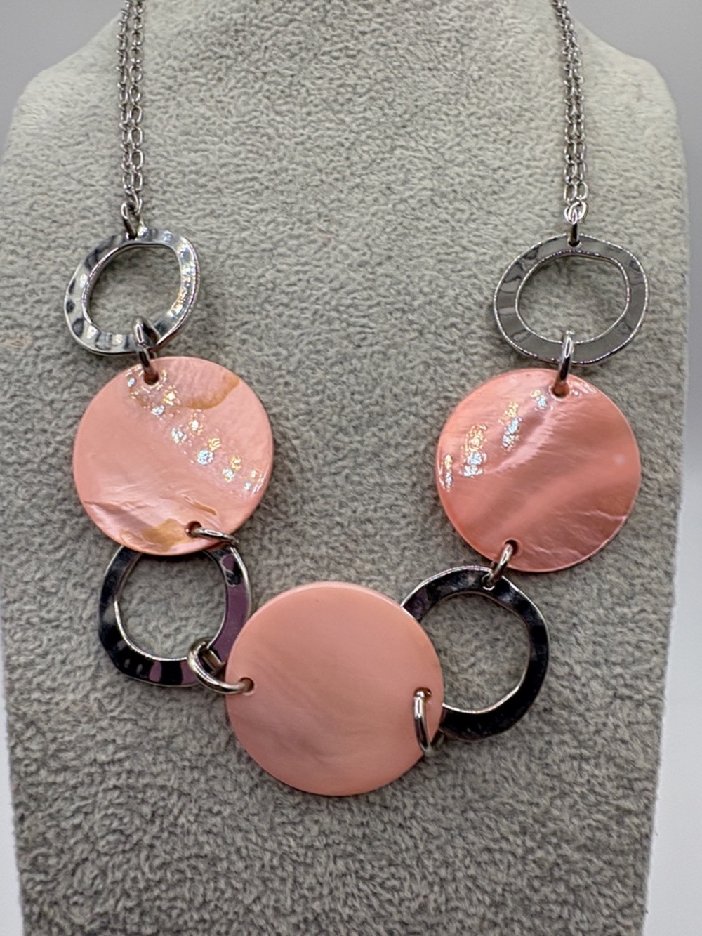 Pink Mother of Pearl Disc and Mixed-Metal Link Necklace By C 1946